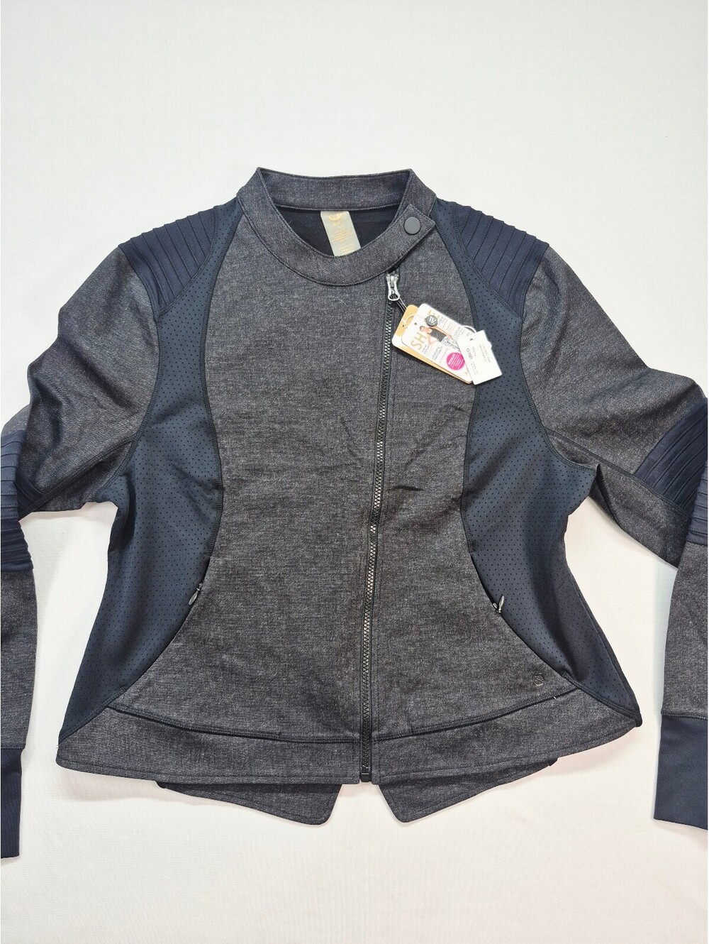 SHAPE Black Denim Crop Moto Jacket Soft Shell Fitted Women's XL NWT$100